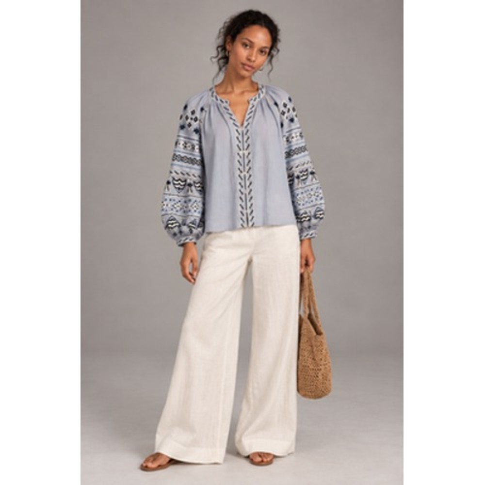 Sundance Blouse Womens XL Blue Embroidered Boho Tunic Balloon Sleeve Peasant
